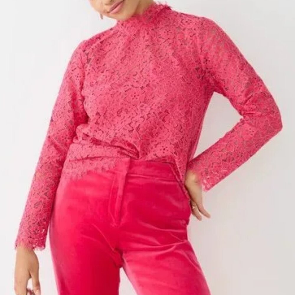 J Crew Pink Scalloped Lace Mock neck Top Shirt Blouse Size 4 NWT BN027 Victorian